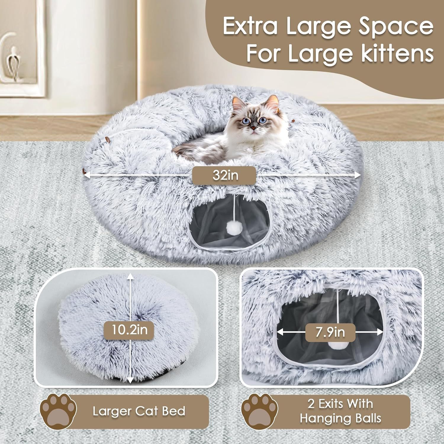 Cat Tunnel Bed For Indoor Cats Peekaboo Cat Cave With Washable Soft Play Mat Furry Cat Tube For Kitten Puppy Rabbit Grey - Image 5