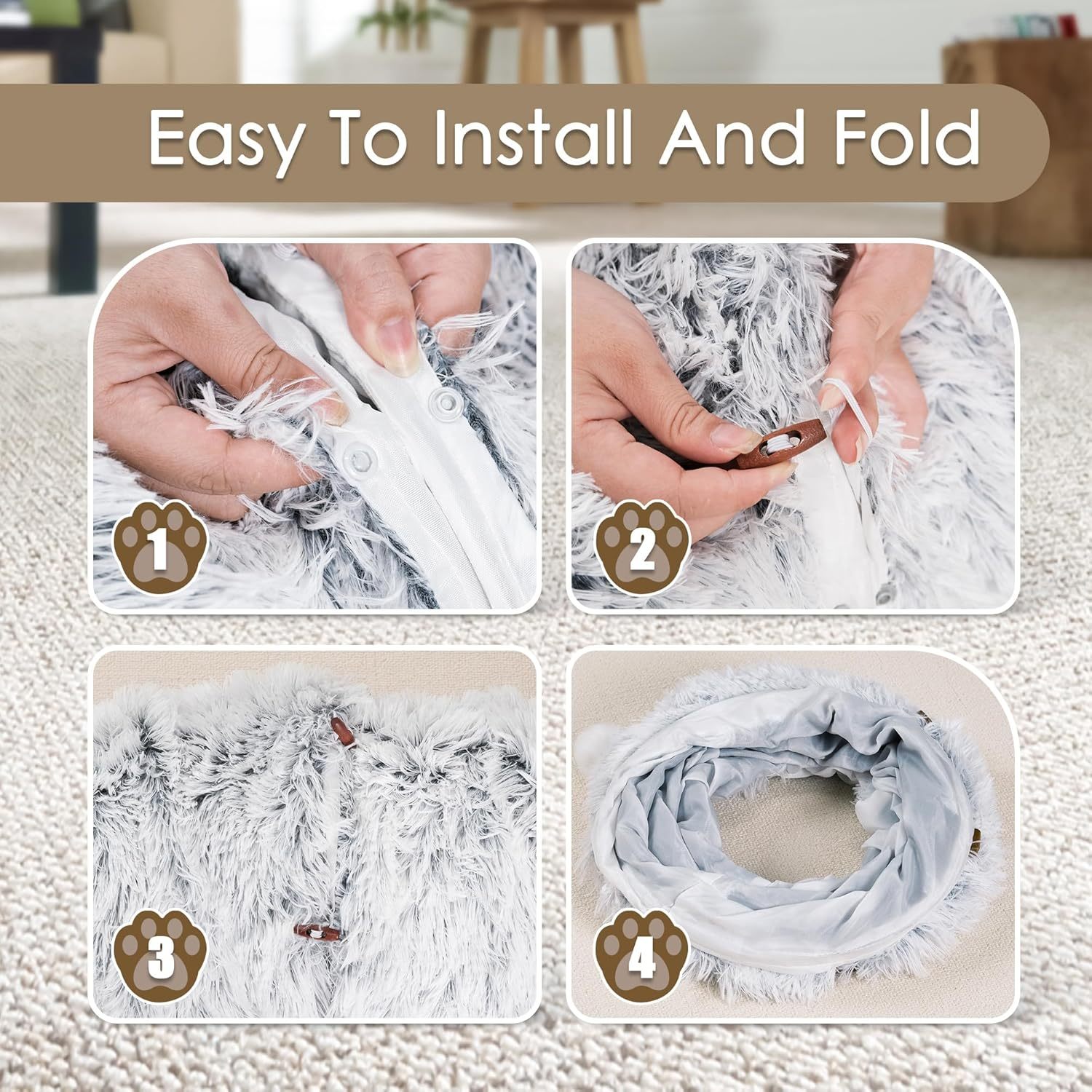 Cat Tunnel Bed For Indoor Cats Peekaboo Cat Cave With Washable Soft Play Mat Furry Cat Tube For Kitten Puppy Rabbit Grey - Image 7