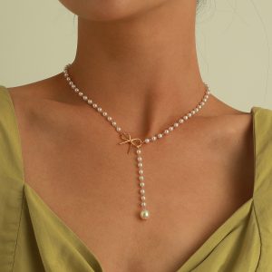 Women's Bow Pearl Tassel Pendant Necklace Simple All-match