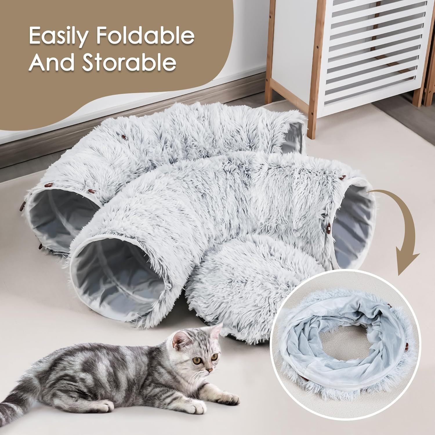 Cat Tunnel Bed For Indoor Cats Peekaboo Cat Cave With Washable Soft Play Mat Furry Cat Tube For Kitten Puppy Rabbit Grey - Image 4