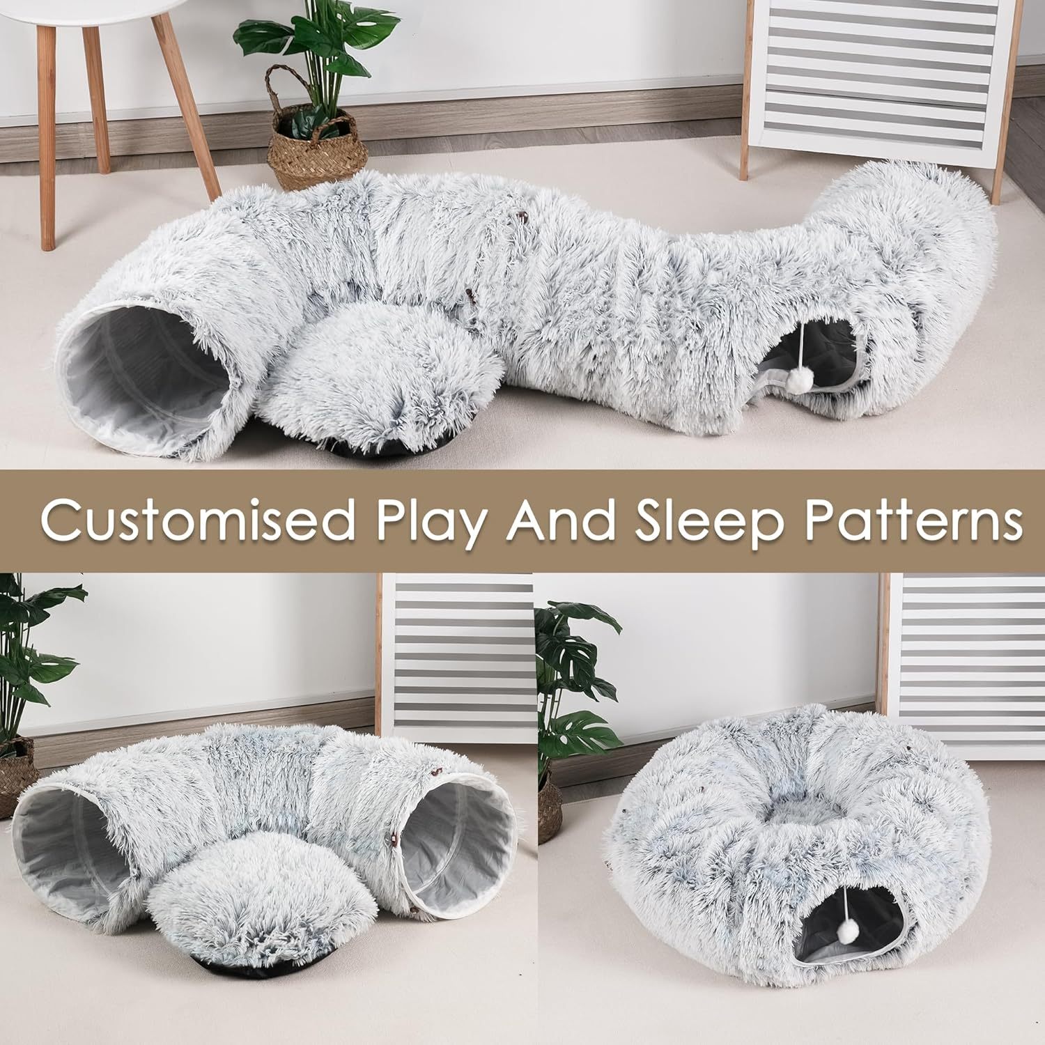 Cat Tunnel Bed For Indoor Cats Peekaboo Cat Cave With Washable Soft Play Mat Furry Cat Tube For Kitten Puppy Rabbit Grey - Image 8