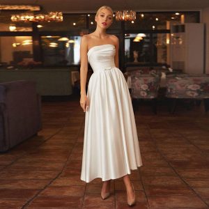 French Tube Top Light Wedding Dress Satin Bridal Evening Gown