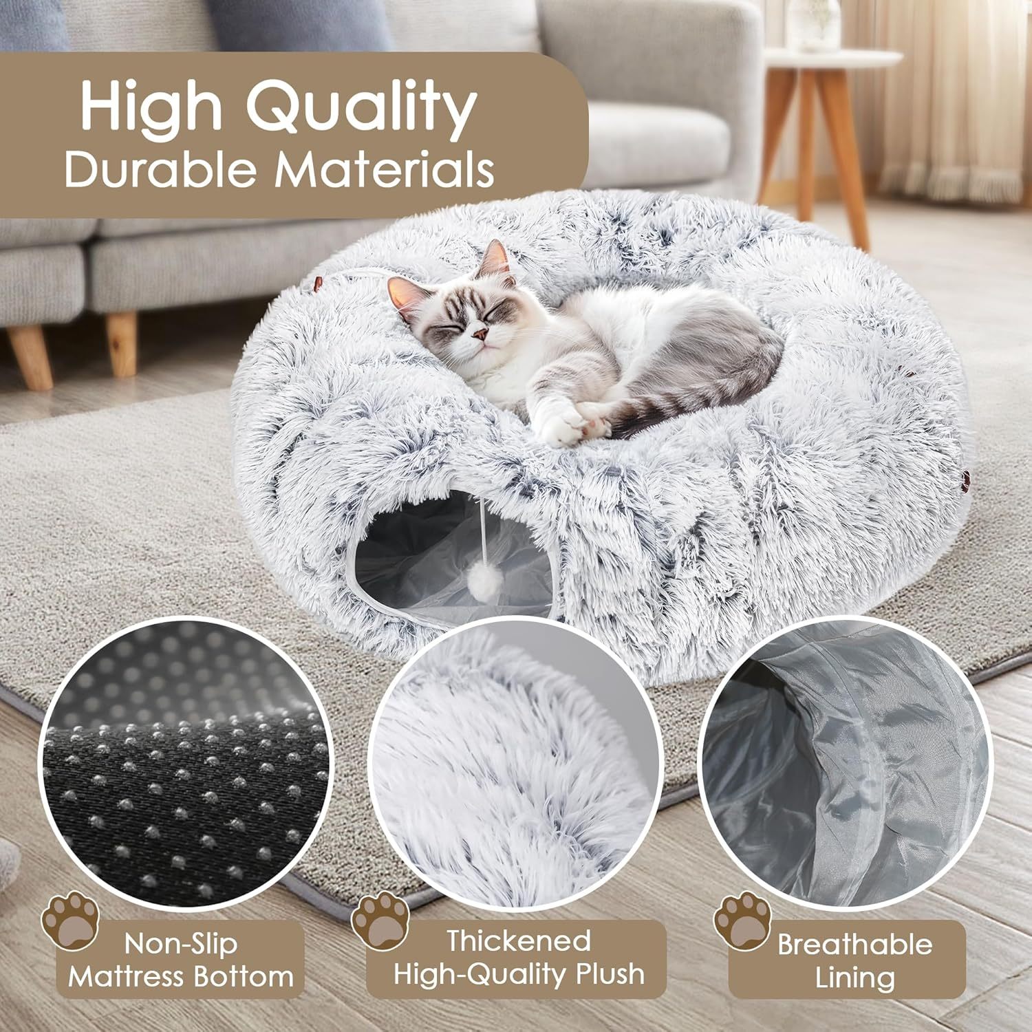 Cat Tunnel Bed For Indoor Cats Peekaboo Cat Cave With Washable Soft Play Mat Furry Cat Tube For Kitten Puppy Rabbit Grey - Image 6